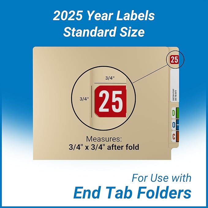 2025 Year Labels, Doctor Stuff 2025 Chart Stickers, Red Color Coded, S & W/Acme Style, USA Made Year Stickers for End Tab File Folders, 500/Roll, 1 Roll, 3/4" x 1-1/2"