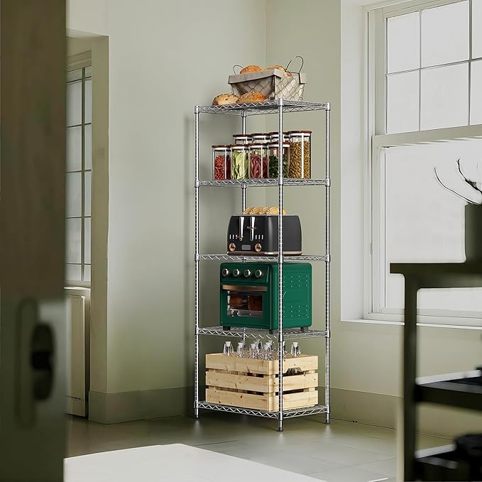 M MZG 1250 lbs 5 Tier Shelf Metal Storage Shelves Wire Rack Closet Organizers with Wheel for Garage Kitchen Bathroom Laundry Chrome 13.7" D x 23.6" W x 62.4" H