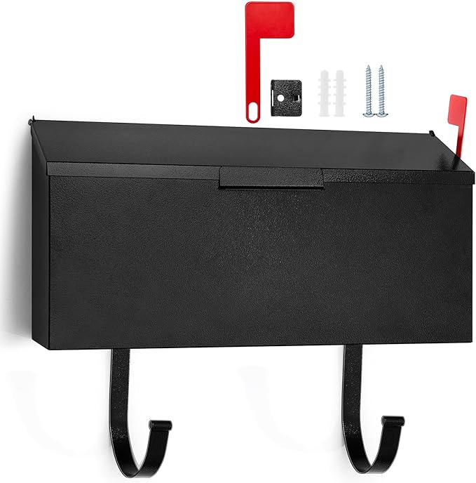 Yaocom Small Cast Wall Mount Mailbox for Outside Metal Mailbox with Newspaper Hooks Heavy Duty Rustproof Wall Mounted Mailbox Galvanized Steel Post Box Large Capacity 16” x 8.25” x 4.25” (Black)