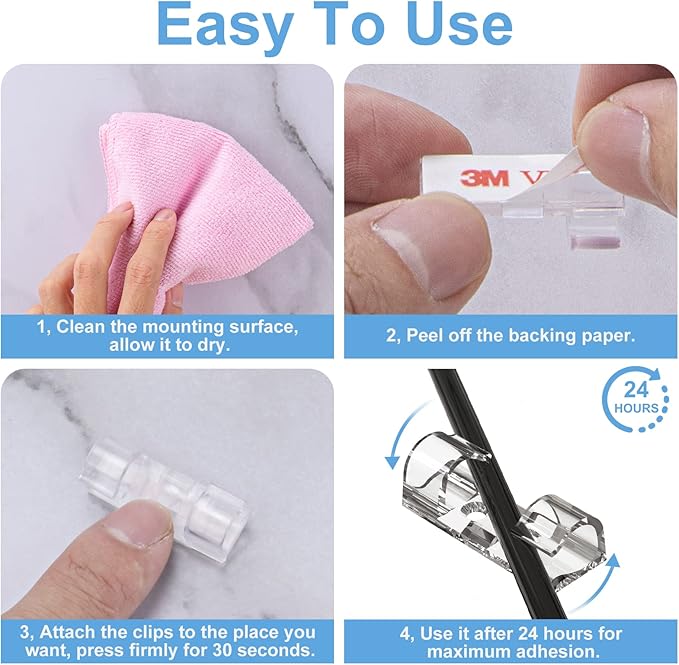 Cable Clips Clear (Large, 26PCS), Heavy Duty Extension Cord Clips Wall, Adhesive Wire Holders Clips Electric Wires Cord Organizer, Powre Cable, PC, Ethernet, TV-Coax, LED Light Clips