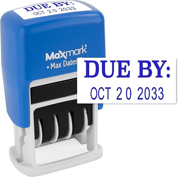 MaxMark Self-Inking Rubber Date Office Stamp with Due by Phrase & Date - Blue Ink (Max Dater II), 12-Year Band