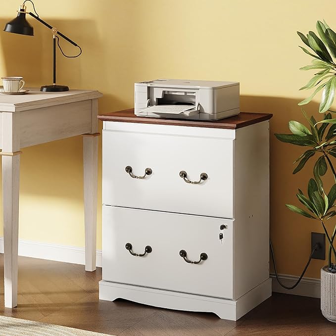 DEVAISE 2 Drawer File Cabinet,Lateral Vintage Farmhouse Wood Filing Cabinet with Lock & Charging Station for Letter/Legal/A4 Size, White