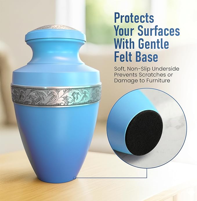 Modern Memorials Cremation Urn for Ashes - Large Urn for Man & Women - 200 Cubic Inches - Includes Velvet Storage Bag - Sky Blue with Silver Band