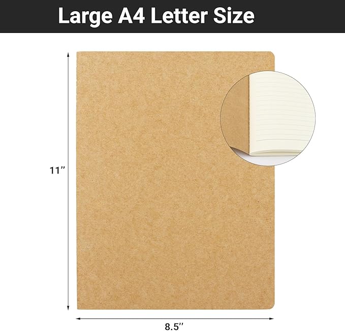 EUSOAR Journal Notebook, 12 Pack A4 11" x 8-1/2", 40 Sheets/ 80 Pages, 100gsm Thick Paper, Kraft Notebooks College Ruled, Line Travelers Journals Bulk Softcover, for Diary Writing Work Office