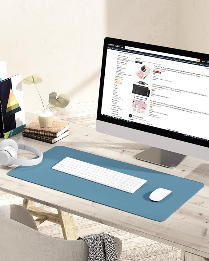 Non-Slip Desk Pad, Waterproof PVC Leather Desk Table Protector, Ultra Thin Large Mouse Pad, Easy Clean Laptop Desk Writing Mat for Office Work/Home/Decor (Blue, 31.5" x 15.7")