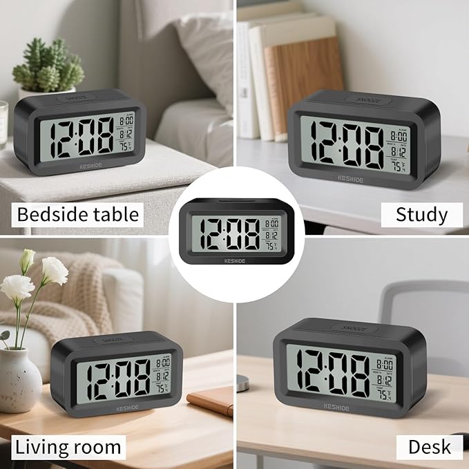 KESHIDE Travel Digital Alarm Clock, Battery Operated with Indoor Temperature, Desk Small Clock,Snooze Model,12/24H Display for Bedrooms Heavy Sleepers Kids Travel Bathroom (Black)