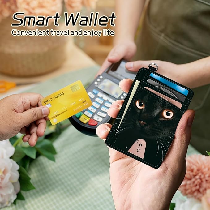 BWEGRHE Small Travel Wallets, Black Cat Glitter Slim Minimalist Front Pocket Wallet with Wristlet, RFID Blocking PU Leather Credit Card Holder with ID Window Change Purse for Men Women
