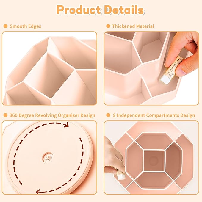 Pencil Pen Holder for Desk,9 Slots 360 Degree Rotating Desk Organizers,Desktop Storage Stationery Supplies Organizer, Cute Pencil Cup Pot For Office, School, Home(Pink)