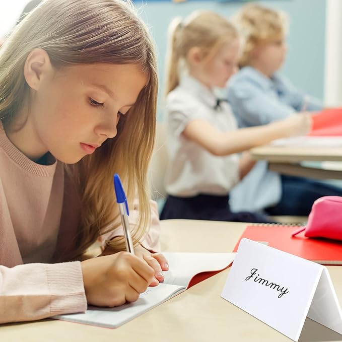 Fainne 50 Sets Dry Erase Name Tent Cards with Black Markers 8.7 x 2.8 x 1.9 Inches White Reusable Name Plate Wipe Clean Desk Tags Sign for Classroom Table Office Conference Meeting Weddings