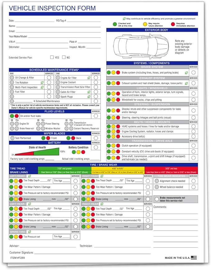Multi-Point Inspection Form for Vehicles – 2-Part Carbonless Vehicle Checklist Pad – 8.5" x 11" Inspection Report – Edge-Glued, Manufacturer Recommended – White - Pack of 250