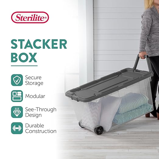 Sterilite 8-Pack Modular Stacker Box, Durable Clear Plastic Storage Bins with Latching Lids, 40 Quart - Stackable Organizing Container Boxes for Closet, Bathroom, and Office