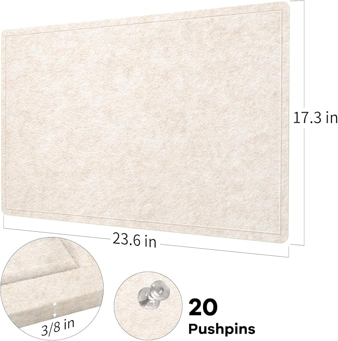 Bulletin Board, 24 x 18 inches Decorative Felt Pin Board, Vision Board Cork Board Alternative for Wall, Foldable Photo Board with 20 Pushpins - Oatmeal