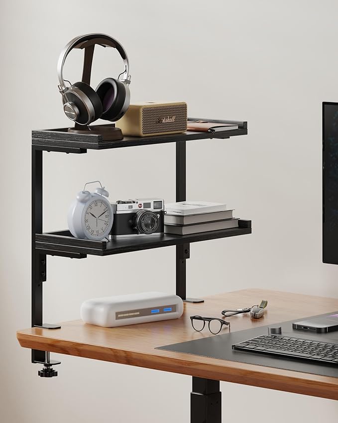 ART-GIFTREE Clamp On Desk Shelf 2-Tier, 16.5 in Wood Shelving Unit for Office Desk/Gaming Accessories, Tabletop Book Storage Rack, Shelf for Top of Desk, Black