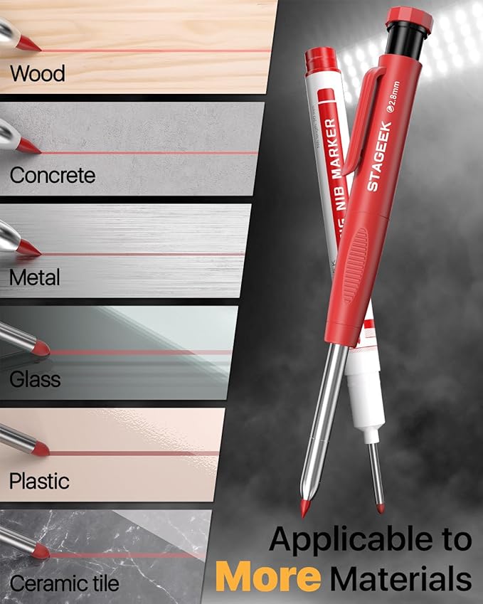 STAGEEK 4PCS Carpenter Pencils with Sharpener, Heavy Duty Woodworking Pencils, Mechanical Carpenter Pencil with 52 Refills, Deep Hole Long Nib Marker Pens for Architect Construction Marking with Case