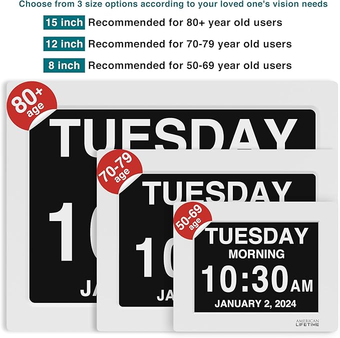 American Lifetime New 2026 Dementia Clock Large Digital Clock for Seniors, Large Display with Custom Alarms, Calendar Clock with Day & Date for Elderly, Clear Numbers Alzheimer Digital Clock White