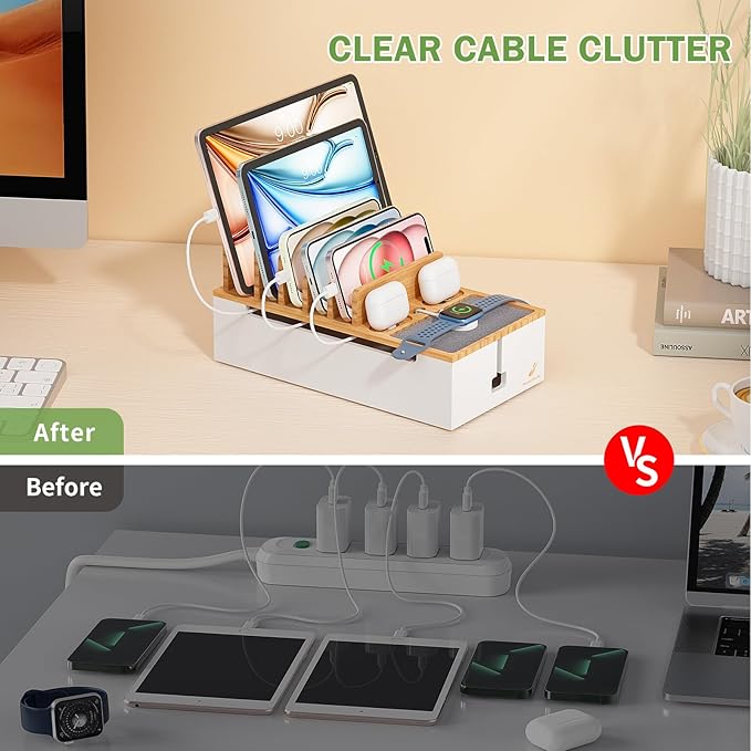 Pezin Hulin Multi Devices Charging Station, with USB Power Adapter HUB, and 6 Wire Cables - Cord Organizer Management, Cell Phone Charger Dock Stand, Desktop Cord Hider Box - Natural +White
