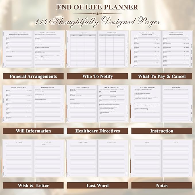 Lanpn End of Life Planner Death Organizer with Tabs, Final Wishes & Financial Estate Planning Journal, When I Die Journal for Senior, Before Death Life and Care Plan Book, Leather Hardcover