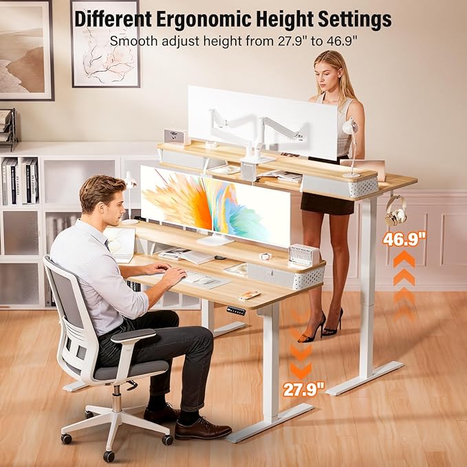 Kingant 48 x 24 Inch Electric Standing Desk with Dual Drawers, Height Adjustable Sit to Stand Computer Desk with Storage Shelf and C-Clamp Mount Compatibility for Home Office, Nature