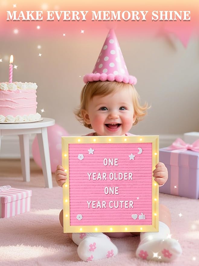 Changeable Felt Letter Board with LED Lights - 10×10" Message Custom Signs & Wood Stand & 450 Letters, Poster Board for Valentine's Day/Baby/Pregnancy Announcement/Classroom Wall Decor Gifts, Pink
