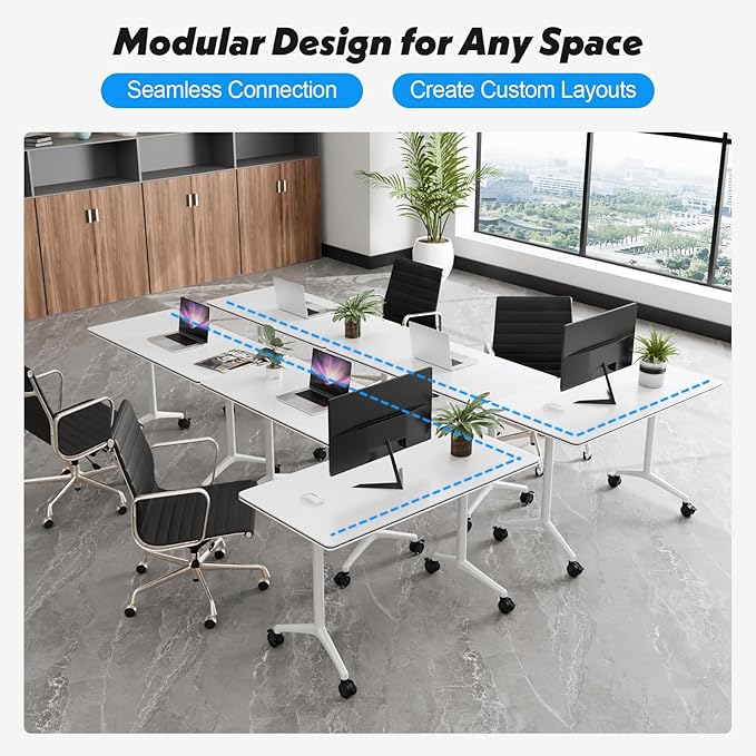 Goakwwuz Conference Room Table, Folding Conference Tables,Thicken Grey Tabletop,Flip Top Wooden Seminar Meeting Room Table for Conference Room Offices (8, White, 55.1”)