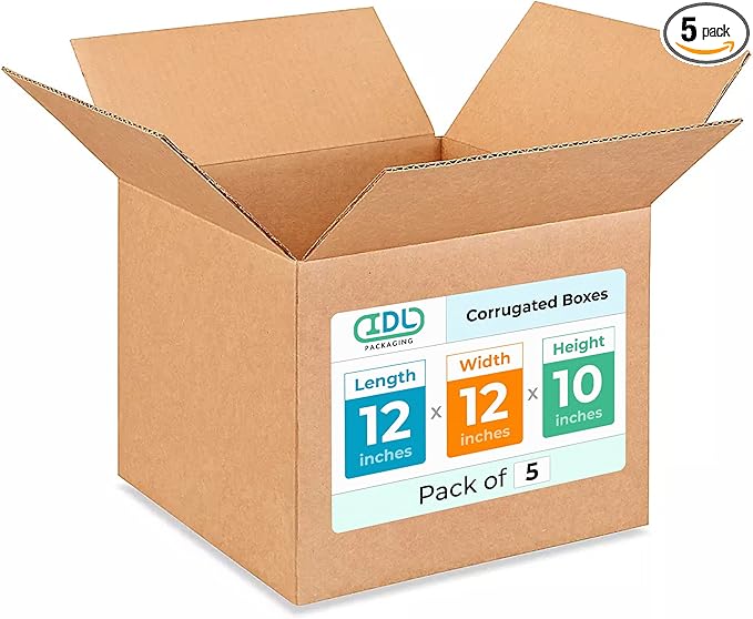 Medium Moving & Shipping Boxes 12 x 12 x 10 inches (5-Pack) - Extra Strength 200 lb vs Regular - Corrugated Durable Boxes for Packaging - Carton Box for USPS/FedEx - Medium Box by IDL Packaging
