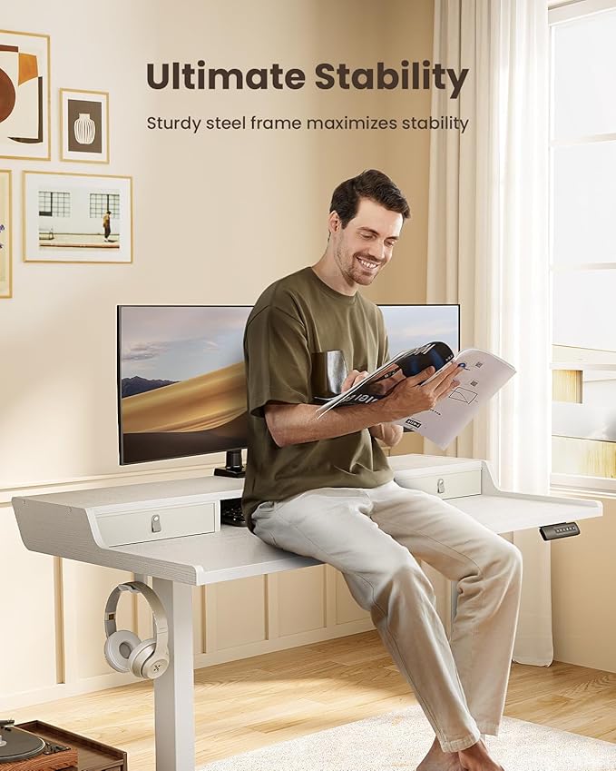 ErGear Electric Standing Desk with Drawers, 63″ x 28″ Gaming Table Compatible Monitor Stand, Stand up Desks, Home Office Height-Adjustable Desk with Storage Shelf, 4 Preset Heights, White