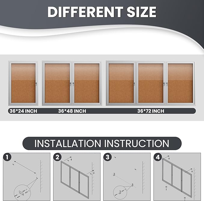 72"x36" Lockable Enclosed Bulletin Board, Outdoor Cork Weather-Resistant Aluminum Frame Notice Board, Wall Mounted Display Case Acrylic Doors for School,Office,Silver Frame w/Cork