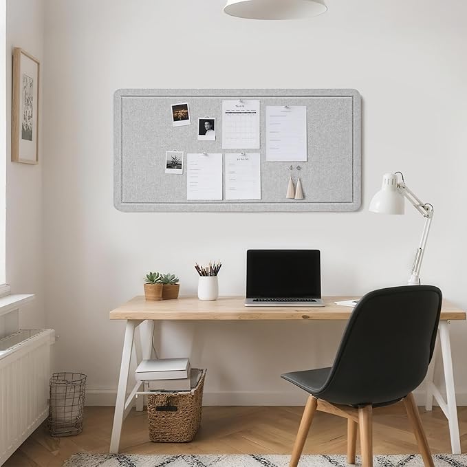 Bulletin Board, 35 x 17 1/2 inches Felt Board - Decorative Pin Board, Cork Board Alternative for Wall, Foldable Self-Adhesive Vision Board Prayer Board with 20 Pushpins - Light Gray