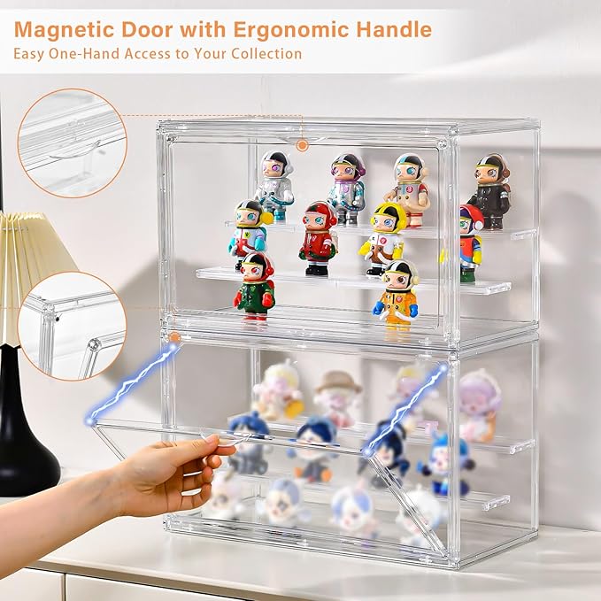 Freebat Clear Acrylic Display Case for Collectibles - 3-Tier Adjustable Figure Display with Magnetic Door & Removable Shelves,Stackable Dispaly Box for Figures - 2 Pack