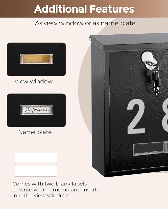 LAND·VOI Locking Wall-Mount Mailbox for Outside, with 4 Keys, Galvanized Steel Rustproof Metal Postbox, 3.1" Dx7.5 Wx10.8 H, Includes 3 Sets of Mailbox Numbers, Nameplate, Black, AMB32B
