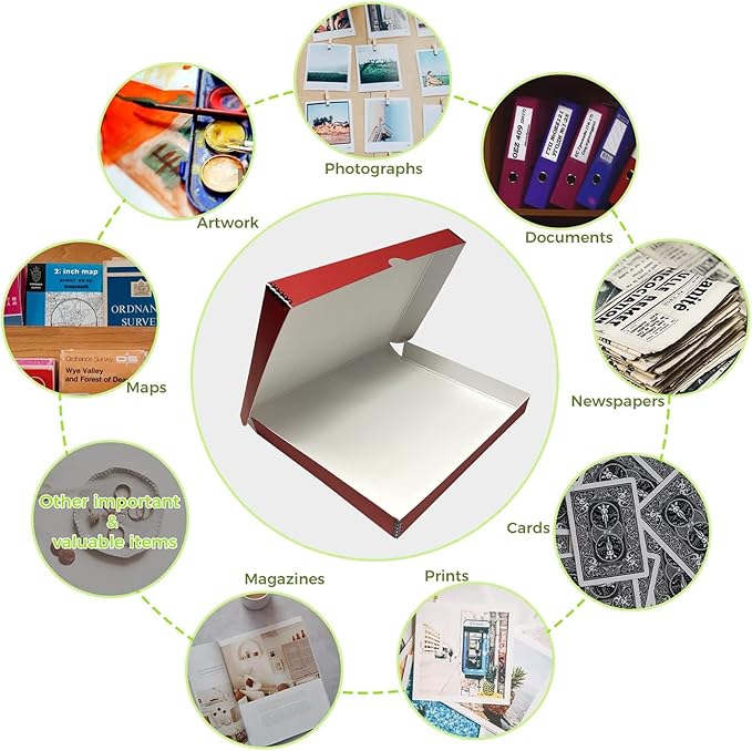 Lineco Folio Storage Box, Faux Leather Cover, Clamshell Design, 9.5x12.5x1.75 Inches, Archival Boxboard, Preserve Photos, Cards, Magazines, Documents, Art, Ephemera, Family Records, Red, Pack of 1