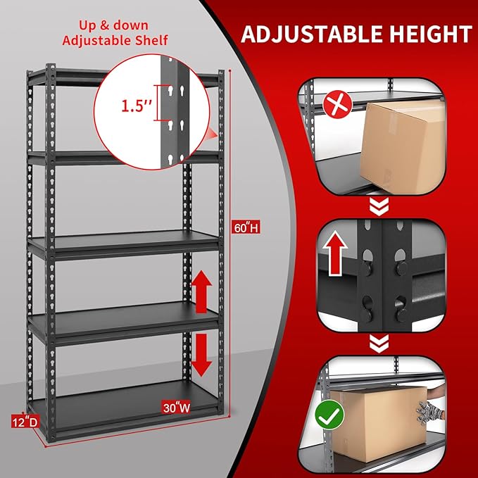 Shuntong The Atlas 30" W Laminated Heavy Duty Metal Shelving Unit 2000 Lbs Boltless Garage Storage Shelves Utility Rack Shelf Warehouse Pantry Shed 30" W x 12" D x 60" H, Black
