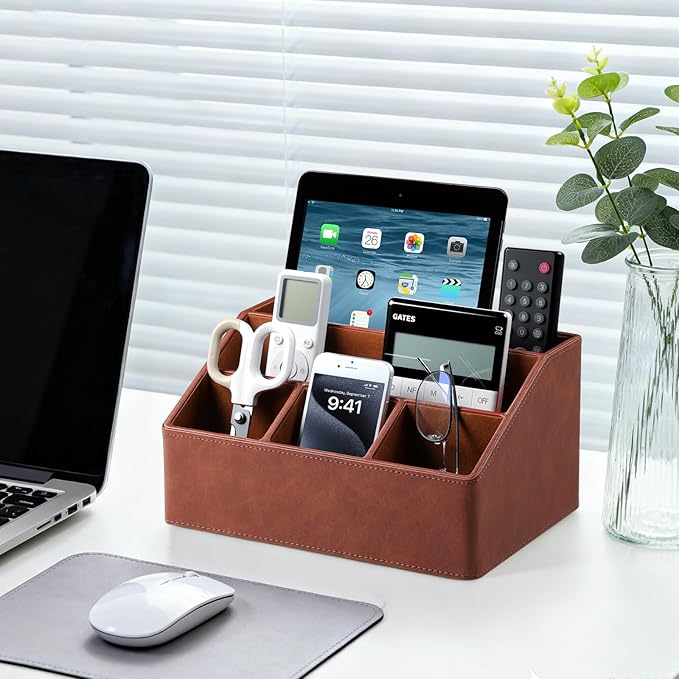 Cretkhp Remote Control Holder with 5 Compartments for Office Art Supplies, PU Leather Nightstand Organizer Pencil Pen Desk Caddy for Home, Desktop TV Remote Control Organizer Storage (Brown)