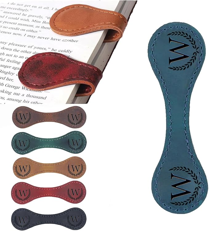 Artlaza Personalized Magnetic Leather Bookmark, 26 Letters Custom Leather Bookmarks, Handmade, Leather Magnetic Bookmark for Book Lovers Readers Women Kid(Blueï¼ŒWï¼‰