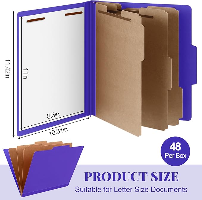 Skyygemm 48 Pcs Classification Folders Letter Size, 3 Divider Pressboard File Folder with Fasteners, Expanding File Organizer Bulk for School Teachers, Office Employee, Coworker, Staff (Purple)