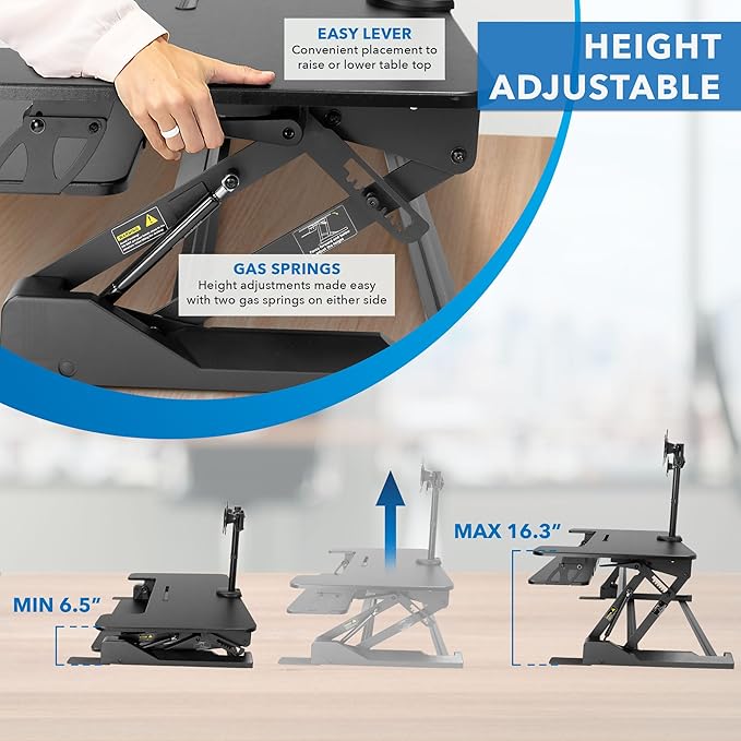 Mount-It! Standing Desk Converter Dual Monitor, 2 Screen Mounts Included, Height Adjustable Desk Riser in Black, Stand Up Desk Convertor Large 36" Wide, Sit Stand Convertor with Manual Lift Gas Spring