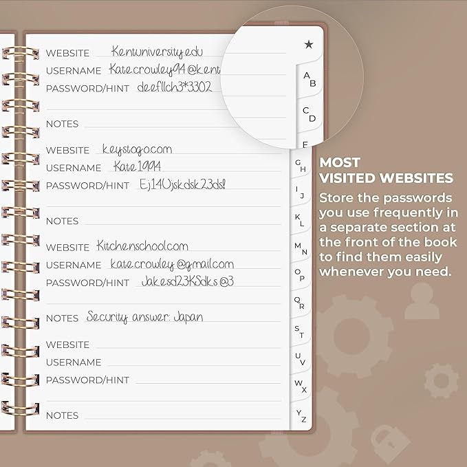 Clever Fox Password Book Spiral – Internet Address & Password Organizer with Laminated Alphabetical Tabs – Password Keeper Journal – Hardcover, Medium Size, 6.1x7.7” (Dark Terracotta)