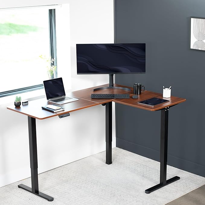 VIVO Electric Corner 63 x 47 inch L-Shaped Standing Desk, Memory Height Adjustment, Dark Walnut Top Black Frame, DESK-E3CTD-47