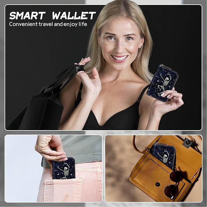 BWEGRHE Cute Credit Card Holder with Zipper, Dance Skull Skeleton RFID-Blocking Card Case Small Wallet for Women Men, Multi-slot Card Organizer Case Travel Accordion Wallet