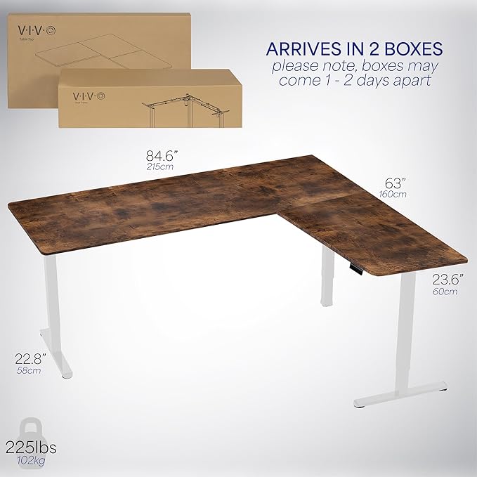 VIVO Electric Corner 84 x 63 inch L-Shaped Standing Desk, Memory Height Adjustment, Rustic Vintage Brown Top White Frame, DESK-E3CTWN-84