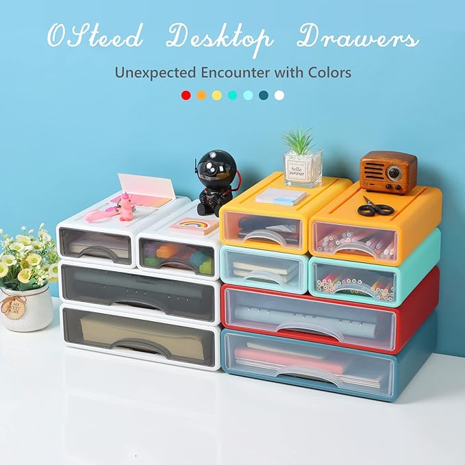 OSteed White Desktop Drawers for Paper, Stackable Office Storage Drawers for Desk, Craft Organizer and Storage Bins, 3 Mixed Storage Container with Plastic Drawers for Office Supplies