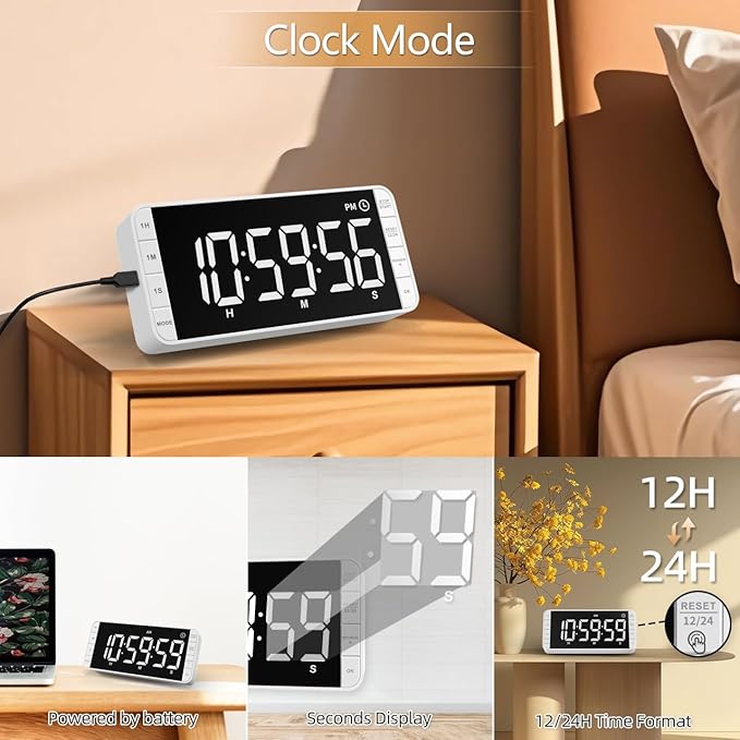 7.8'' Extra Large Rechargeable LED Kitchen Timer - 99H Countdown/Countup, 3 Brightness, 5 Alarms, 4 Volume Levels | Magnetic Large Timer for Cooking, Classroom, Home Gym