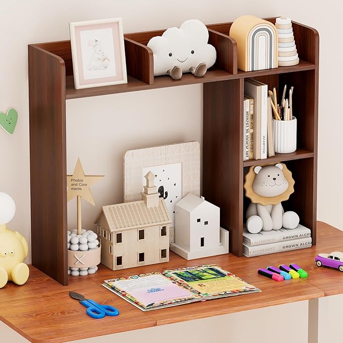 Tangkula Desktop Bookshelf, Countertop Storage Hutch with Shelves for Computer Desk, Desk 3-Tier Display Rack, Multipurpose Wood Desktop Hutch Storage Organizer for Dorm Office (Walnut,5 Shelves)