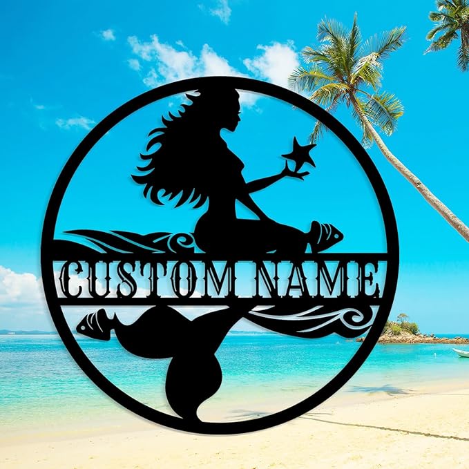 Custom Mermaid Metal Sign,Personalized Mermaid Name metal Signs,Mermaid Wall Decor,Beach Theme Decor, Girls Mermaid Room Decor,Metal Wall Decor (Style-2)