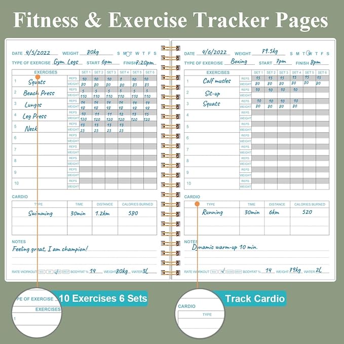 Fitness Journal for Women & Men - A5 Workout Journal/Planner Daily Exercise Log Book to Weight Loss, Gym, Muscle Gain, Bodybuilding Progress - Daily Personal Health & Wellness Tracker, Spiral-Bound, 5.8" x 8.3", Green