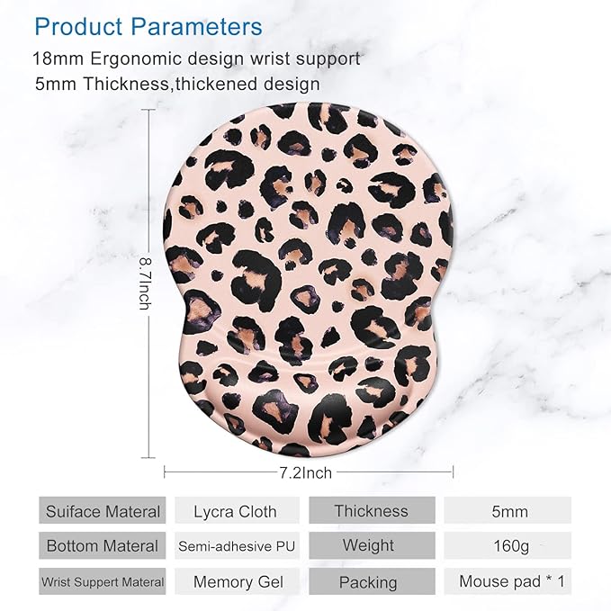 ITNRSIIET Ergonomic Mouse Pad with Gel Wrist Support Small Wrist Rest Smooth Surface Non-Slip PU Base Comfortable Office Supplies Pain Relief, 8.7 x 7.2 inches, Leopard Black Purple
