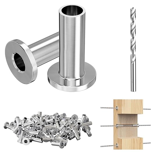 Steel DN Mate 50 Pack Stainless Steel Protector Sleeves for 1/8 Stainless Steel Cable Railing, T316 Marine Grade Cable Protector Sleeves for Deck Railing System, Come with a Drill Bit DE05