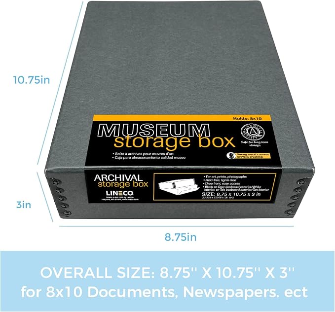 Lineco Museum Archival Storage Box, 8.75x10.75x3 in. Drop Front Design. Acid-Free with Metal Edge. Organize Photos, Pictures, Prints, Documents, Crafts, DIY. Gray, 2 Pack
