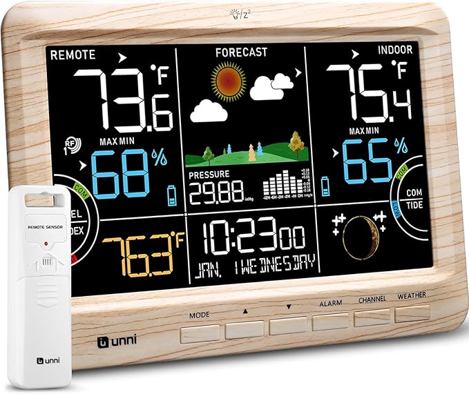 Weather Station Indoor Outdoor Thermometer Wireless, Home Atomic Clock with Large Constant Display, Inside Outside Temperature Humidity Monitor, Dew Heat Point, Barometer Wood