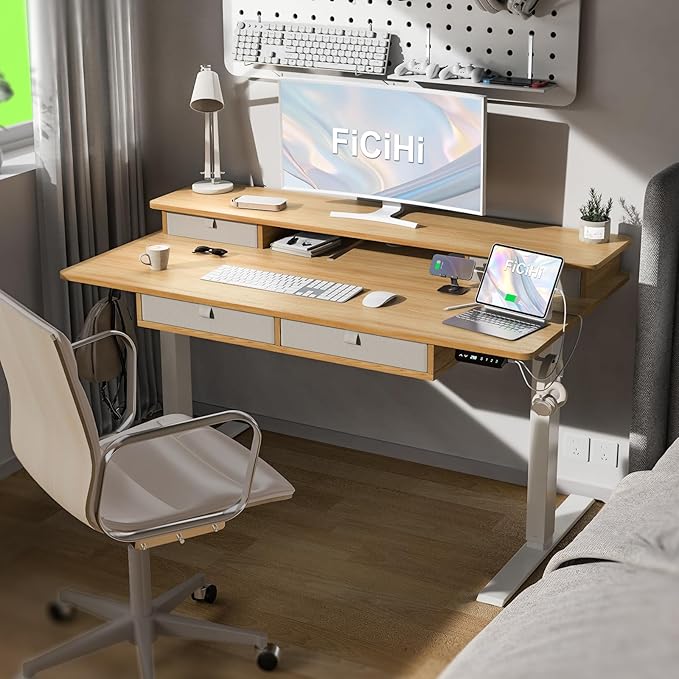 FiCiHi Adjustable Height Standing Desk with 4 Drawers,55 x 30 inches Electric Sit Stand Home Office Desk with Two Tiers, 3 Memory Presets, Monitor Stand Riser, USB A/C Charging Port